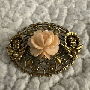 Vintage Rose Acrylic‎ Gold Tone Oval Filigree Victorian Style Brooch 1.75" Inch!